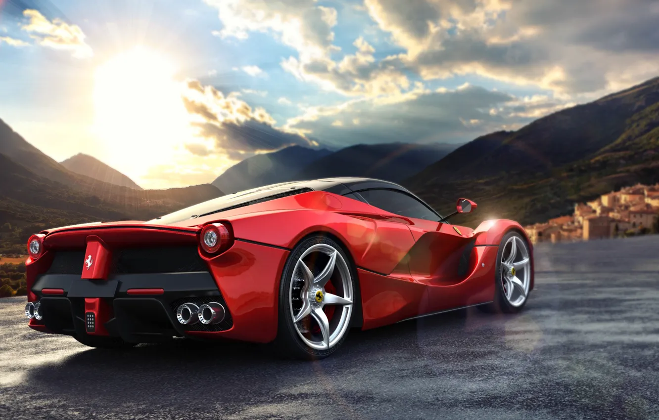 Фото обои дорога, солнце, горы, фары, вид, Ferrari, Ферари, колёса, Ferrari Rear