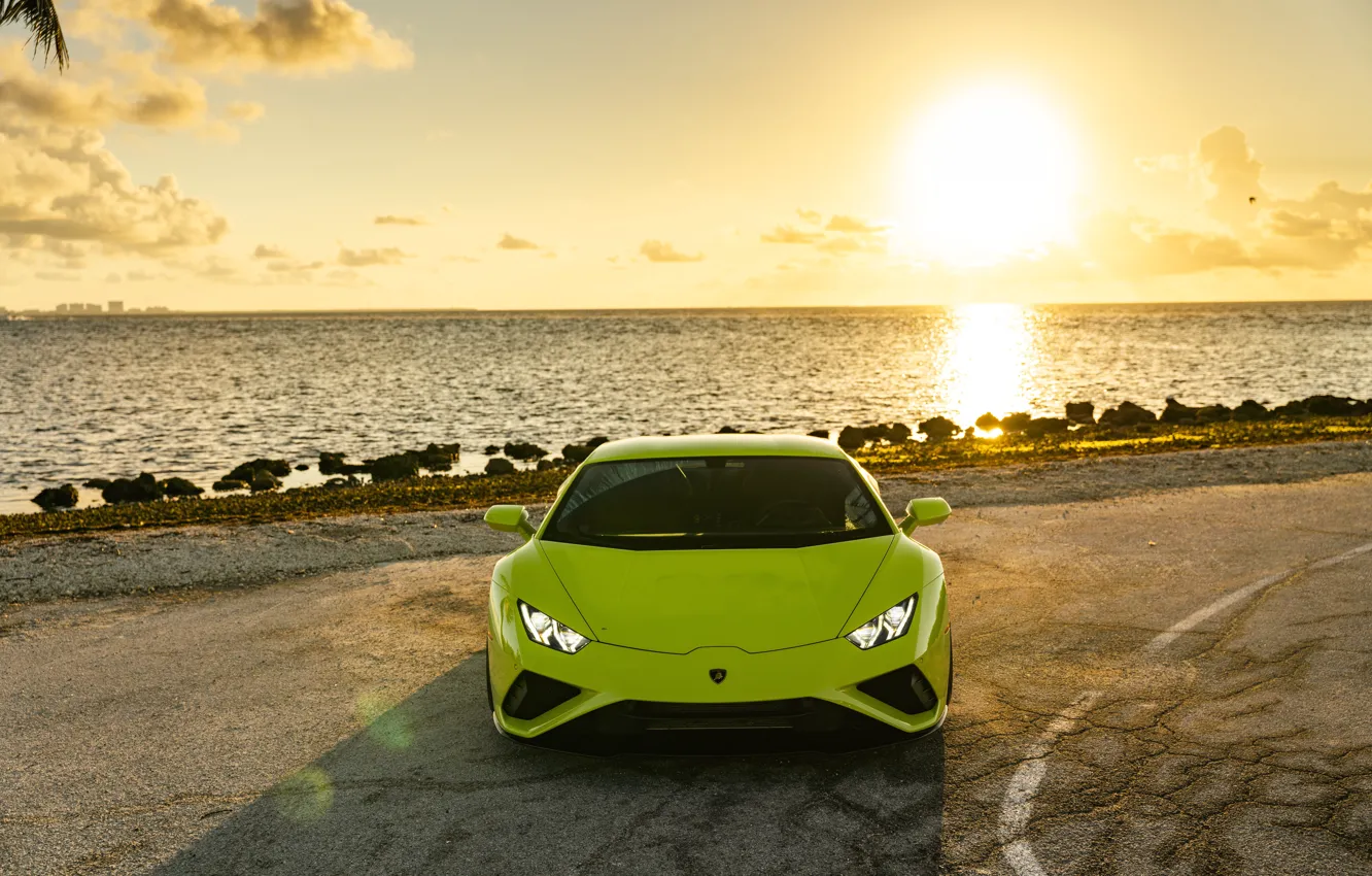 Фото обои Lamborghini, Green, Sunset, Sea, VAG, Huracan