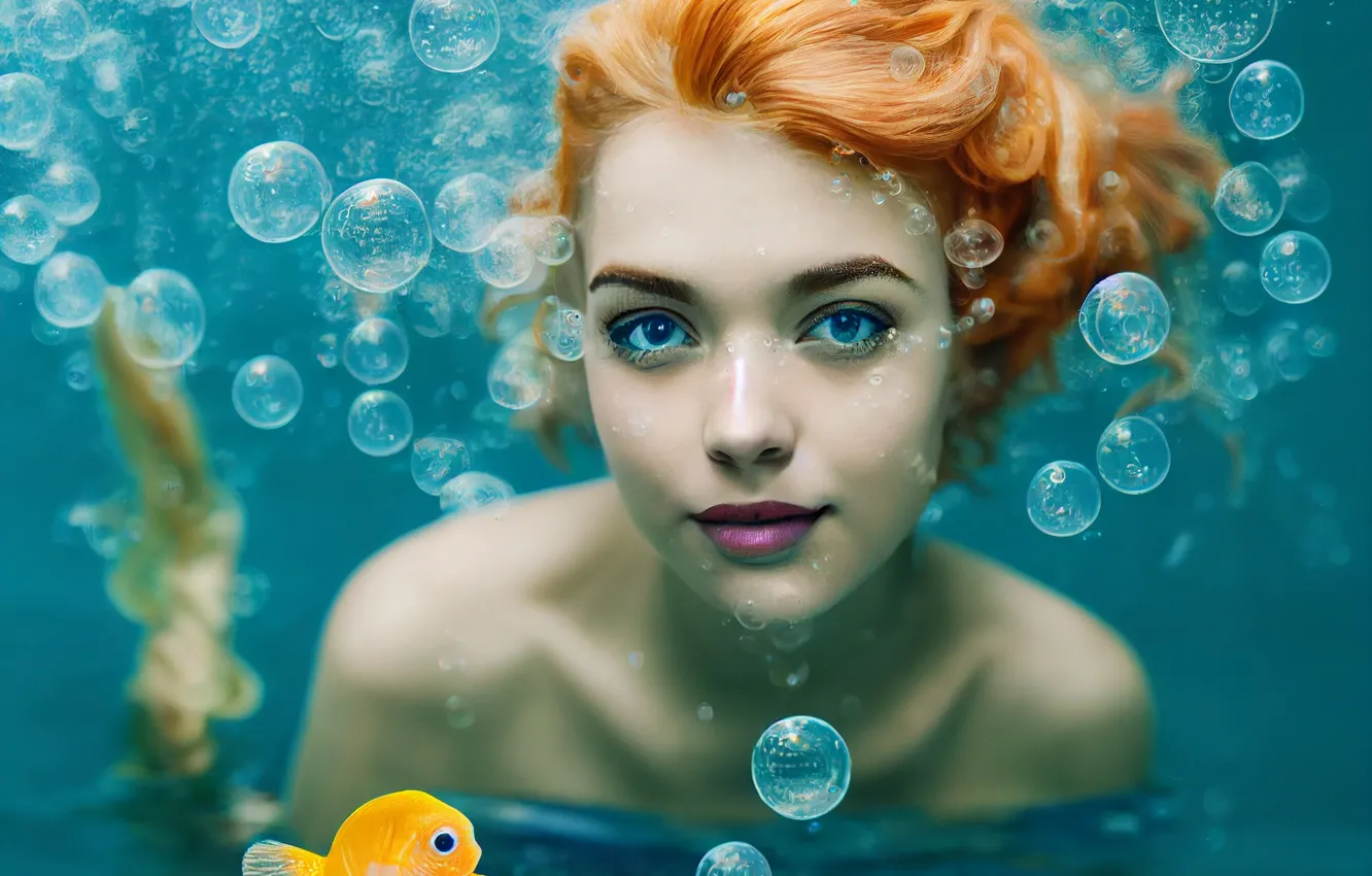 Фото обои взгляд, девушка, лицо, пузыри, русалка, рыбка, рыжая, рыжеволосая, под водой, русалочка