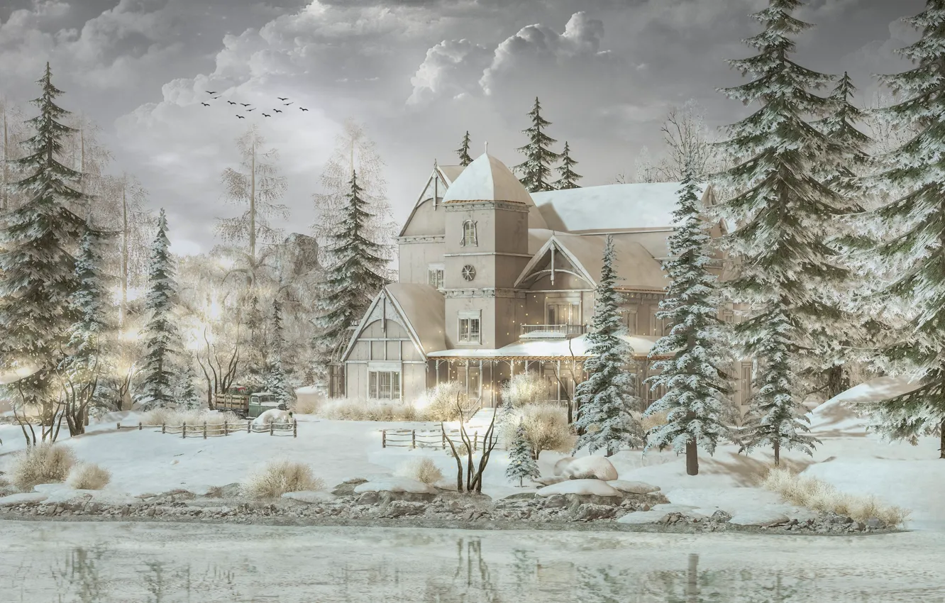 Фото обои зима, снег, дом, река, ели
