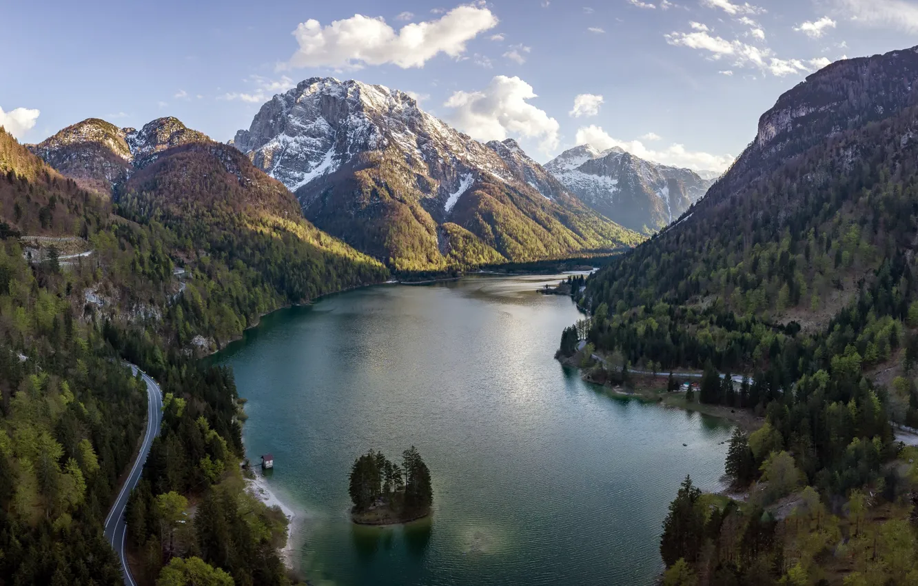 Фото обои дорога, горы, озеро, Альпы, Италия, островок