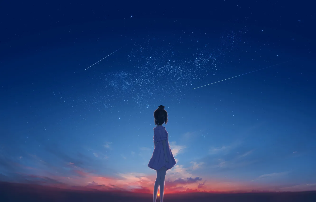 Фото обои закат, девочка, падающие звезды