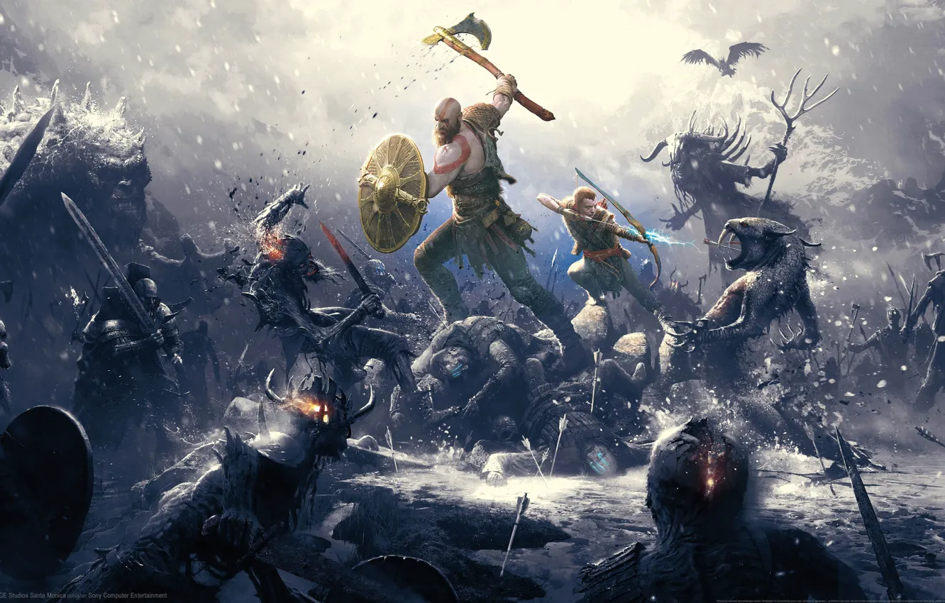 Фото обои sword, god of war, weapon, kratos, sony, snow, blow, man, boy, mo...