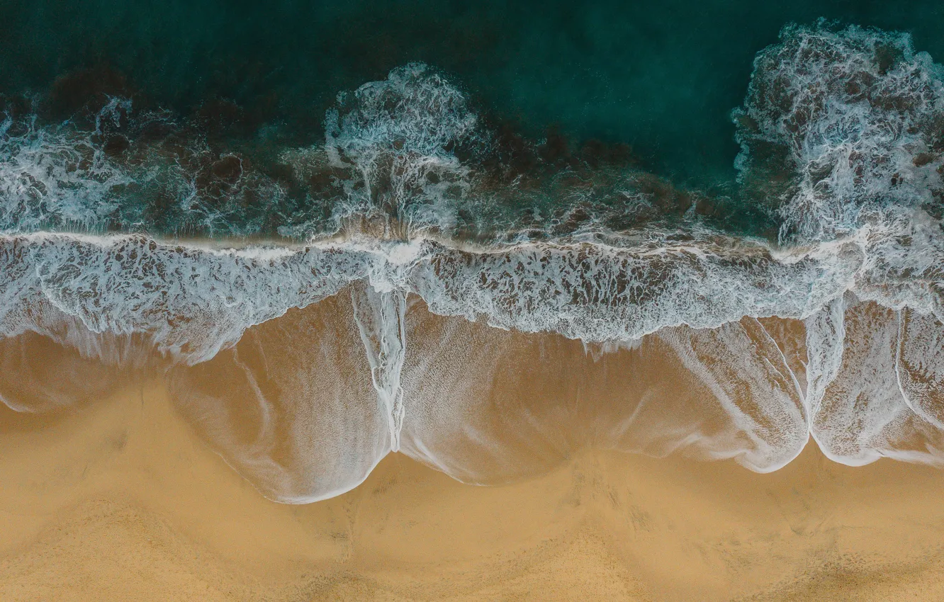 Фото обои песок, море, волны, пляж, лето, природа, побережье, вид сверху