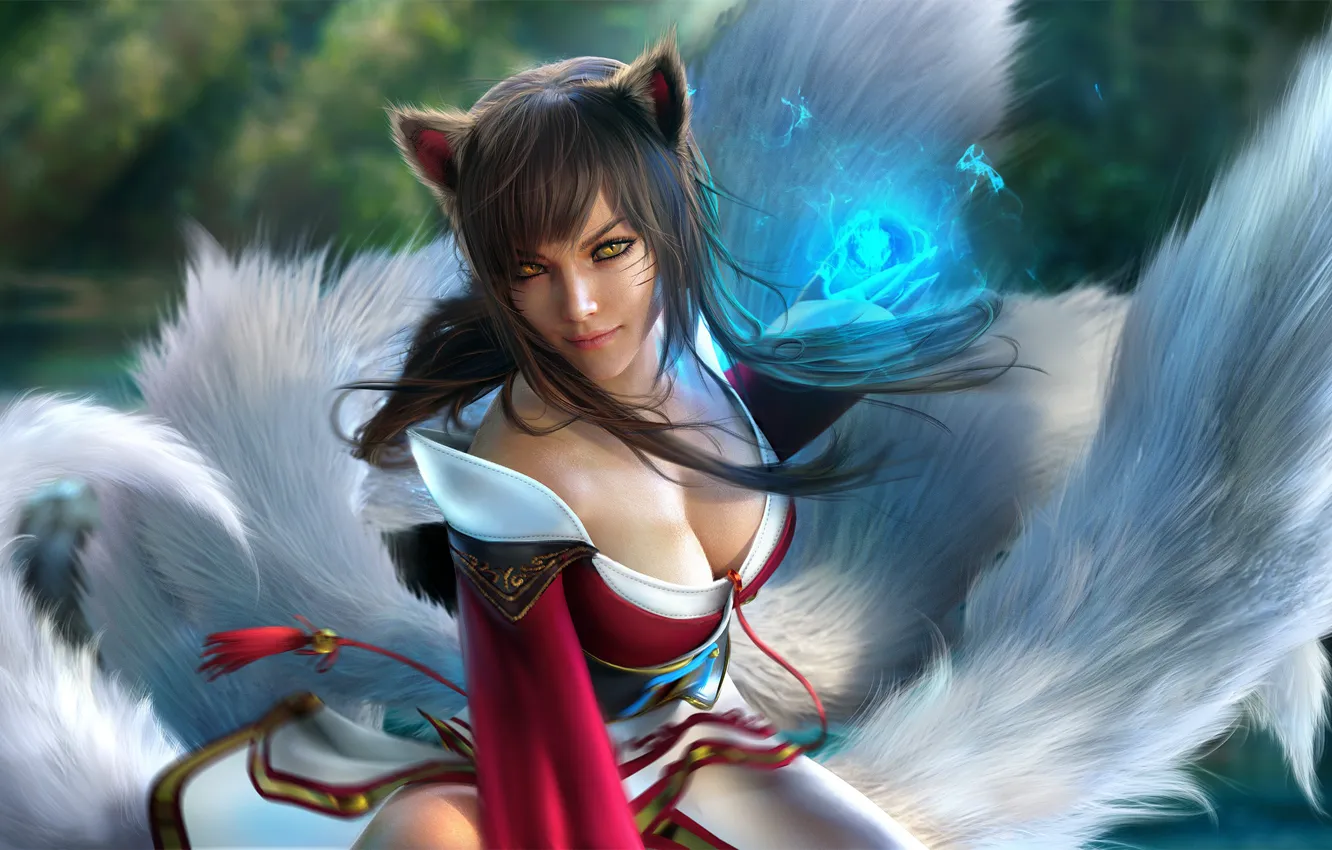 Фото обои девушка, лиса, League of Legends, Ahri, fox girl, by Sevenbees