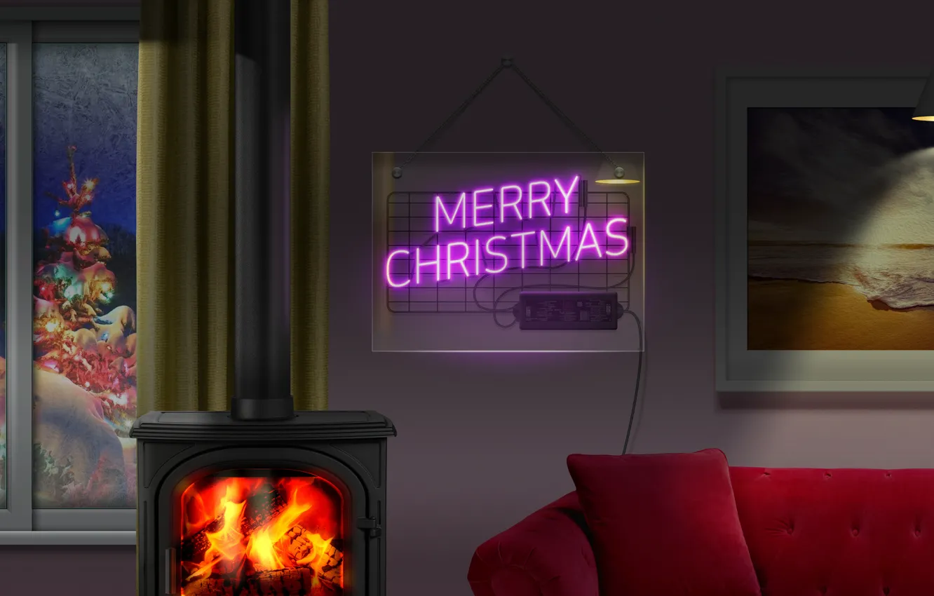 Фото обои christmas, winter, neon, window, living room, interior, sofa, picture, christmas tree, stove, frost, oil painting, …