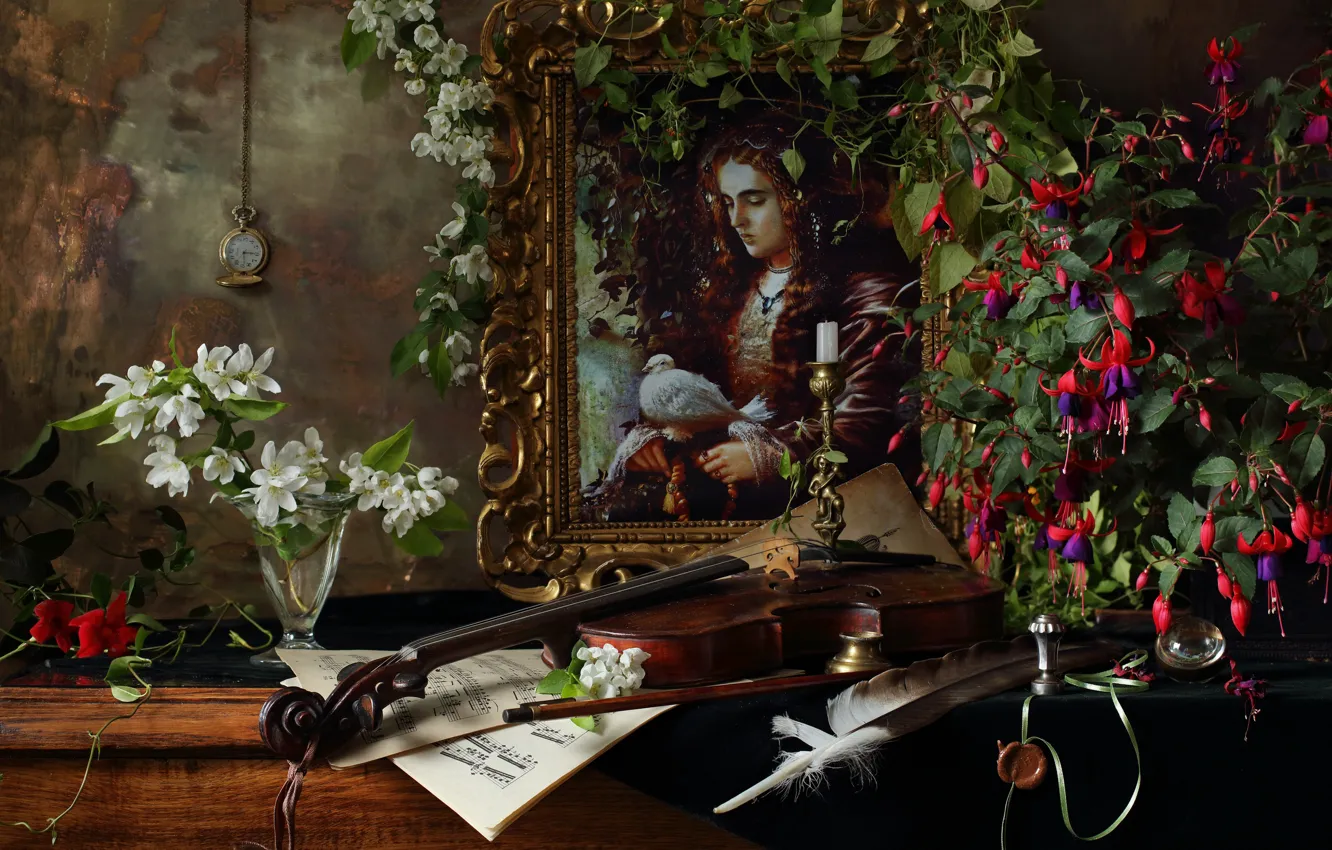 Фото обои ветки, ноты, перо, скрипка, часы, бокал, картина, цветки, жасмин, фуксия, Андрей Морозов