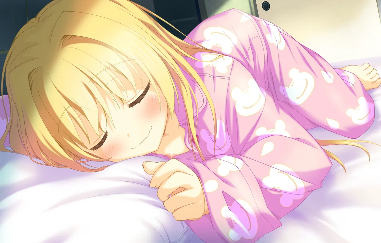 Фото обои румянец, пижама, на кровати, visual novel, спящая девочка, сладкий сон, irotoridori no sekai, by kazuhiro …