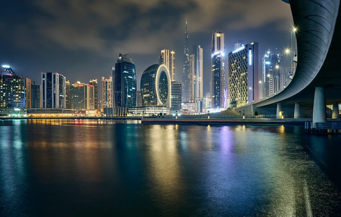Фото обои вода, мост, здания, дома, Дубай, ночной город, Dubai, небоскрёбы, ОАЭ, UAE