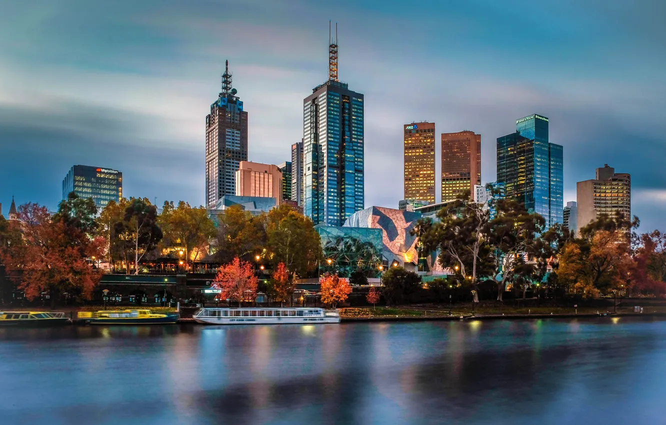 Фото обои город, река, здания, дома, вечер, освещение, Австралия, Мельбурн, Ярра