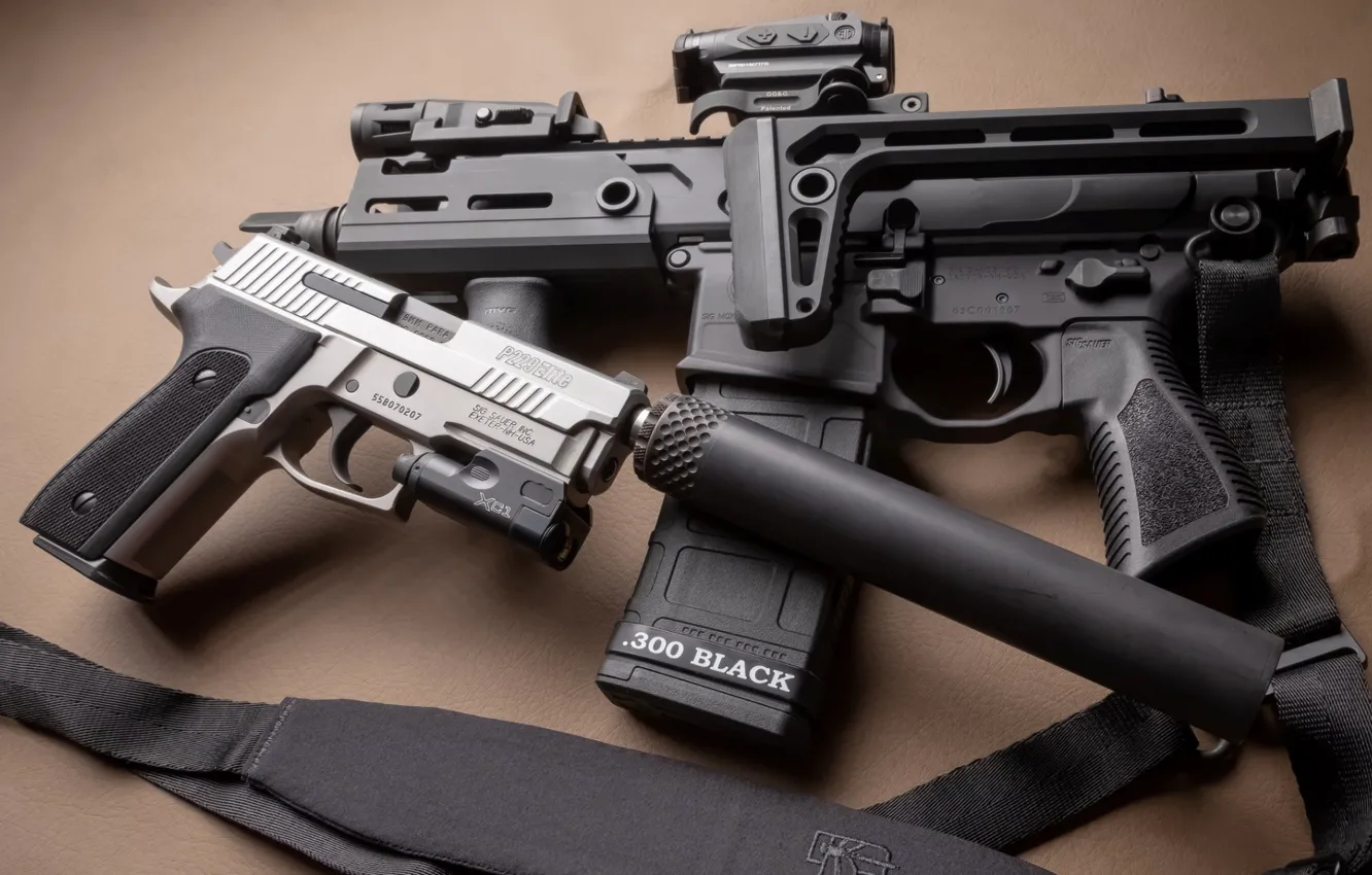 Фото обои пистолет, оружие, gun, pistol, weapon, глушитель, карабин, ar-15, Elite, Sig Sauer, Sig P229, P229, carabine, …