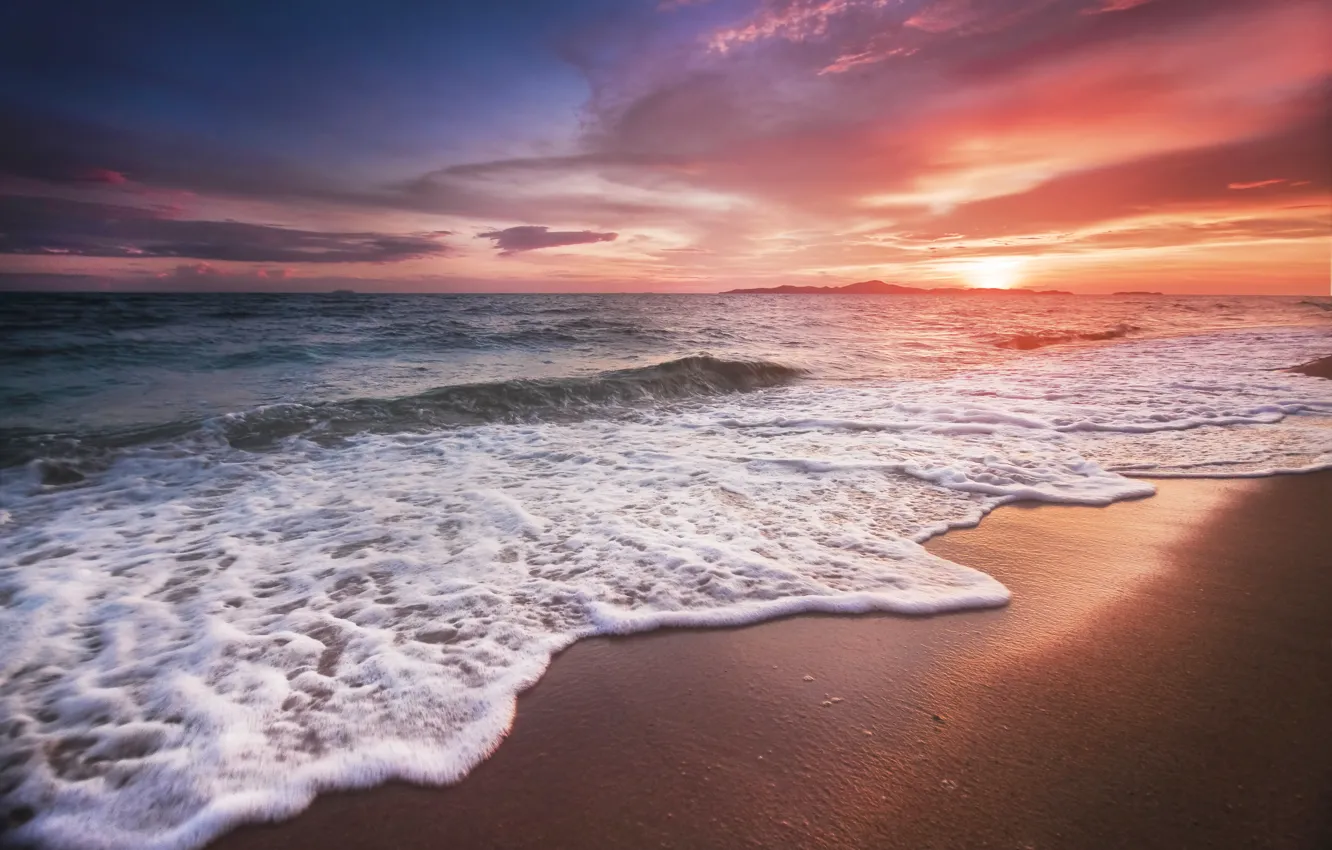 Фото обои море, пляж, закат, beach, sea, sunset, pink, seascape, beautiful