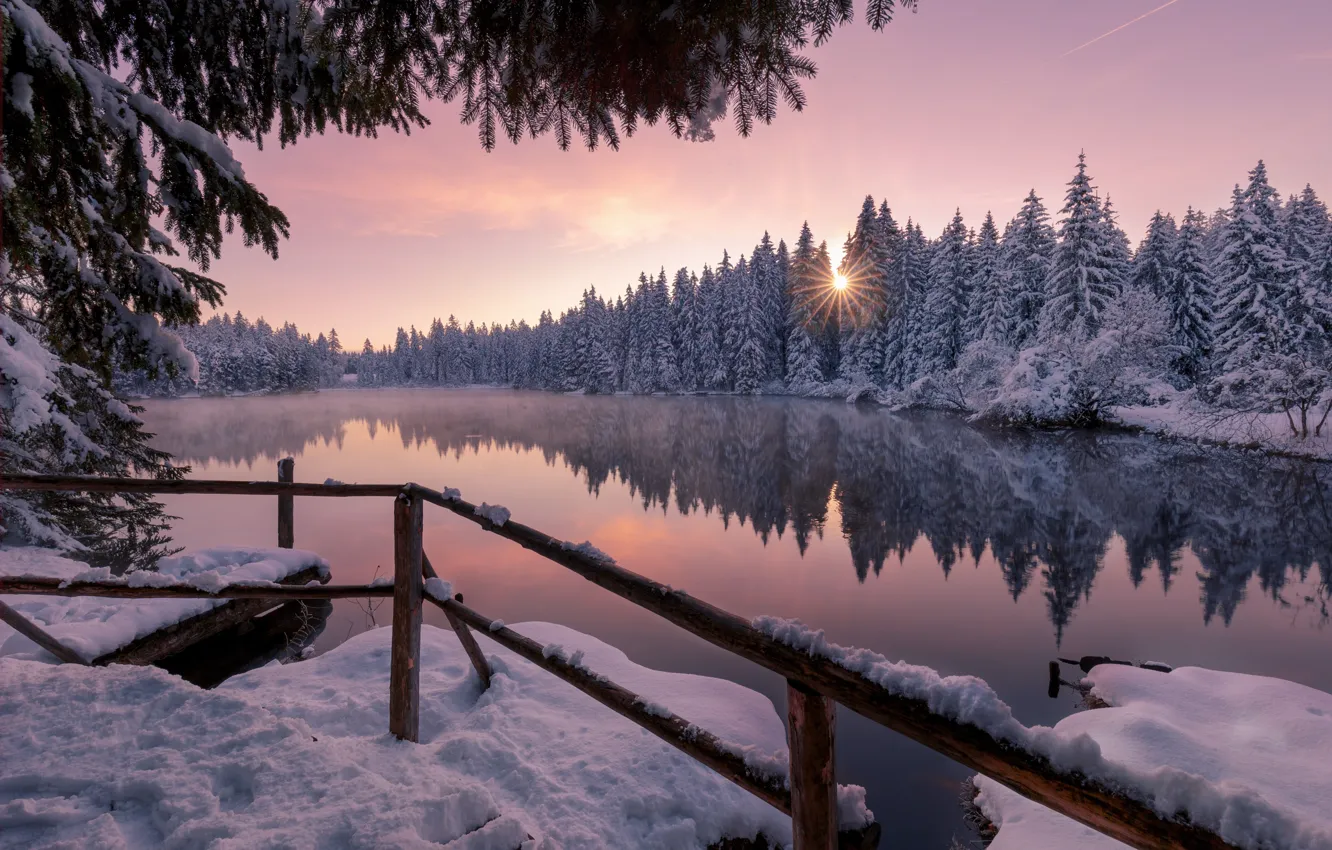 Фото обои зима, лес, снег, закат, озеро, пруд, отражение, Швейцария, ели, Switzerland, Jura, Пруд Грюер, Etang de …