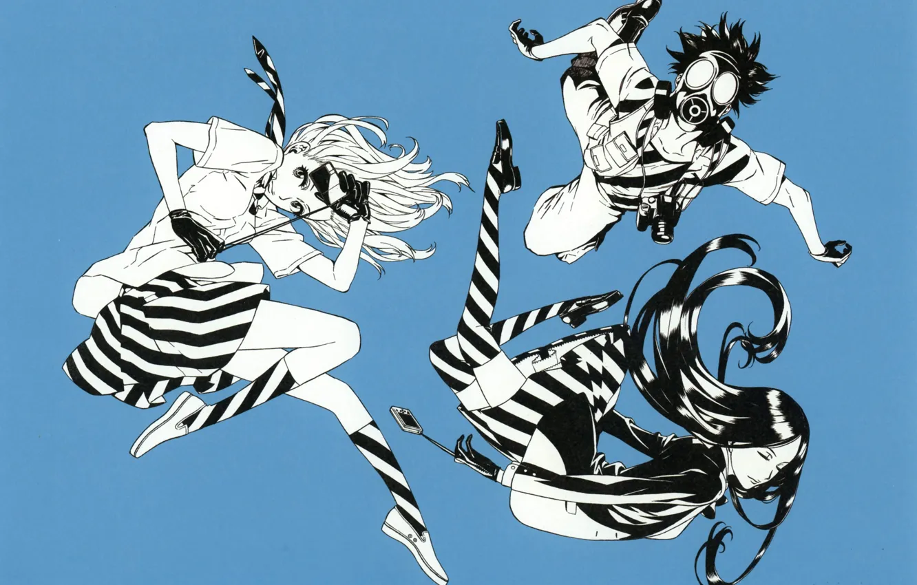 Фото обои противогаз, банда, полосатые чулки, безумный взгляд, хулиганы, by Yuusuke Kozaki