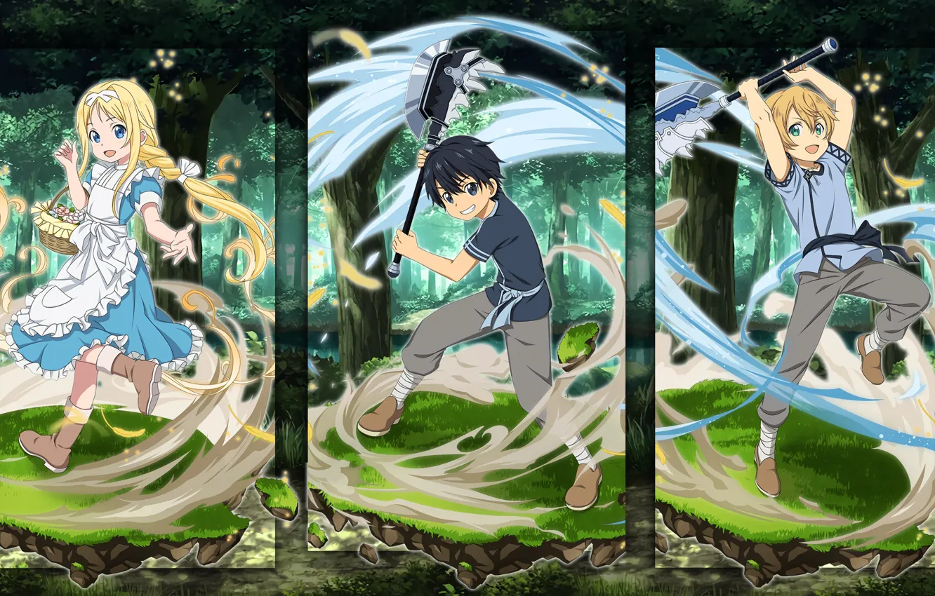 Фото обои лес, дети, коллаж, персонажи, Мастера меча онлайн, Sword Art Online