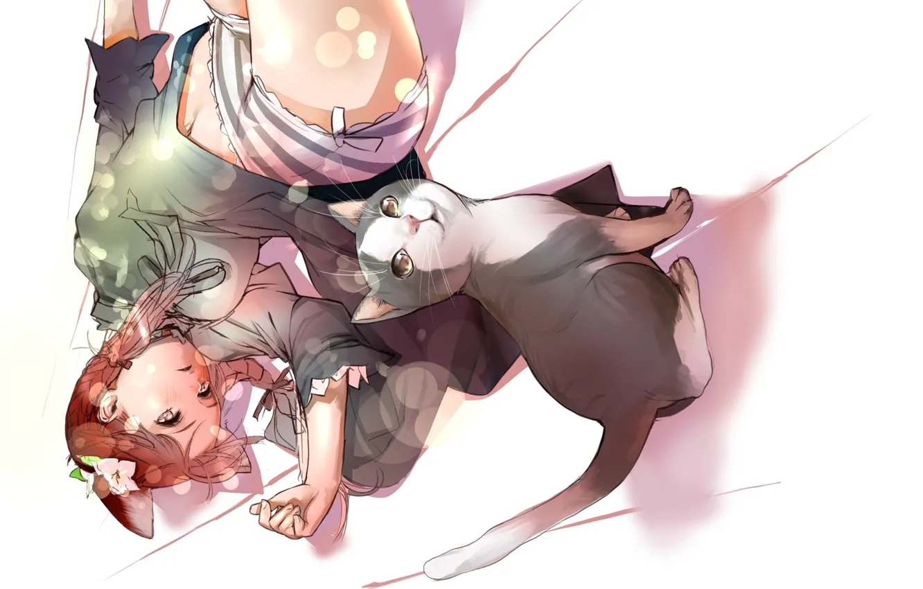 Фото обои боке, цветок в волосах, кошечка, лежит на полу, полосатые трусики, кошачьи ушки, Touhou Project, Rin …