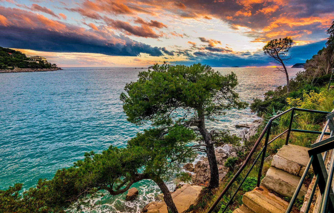 Фото обои море, деревья, пейзаж, природа, лестница, Хорватия, Дубровник