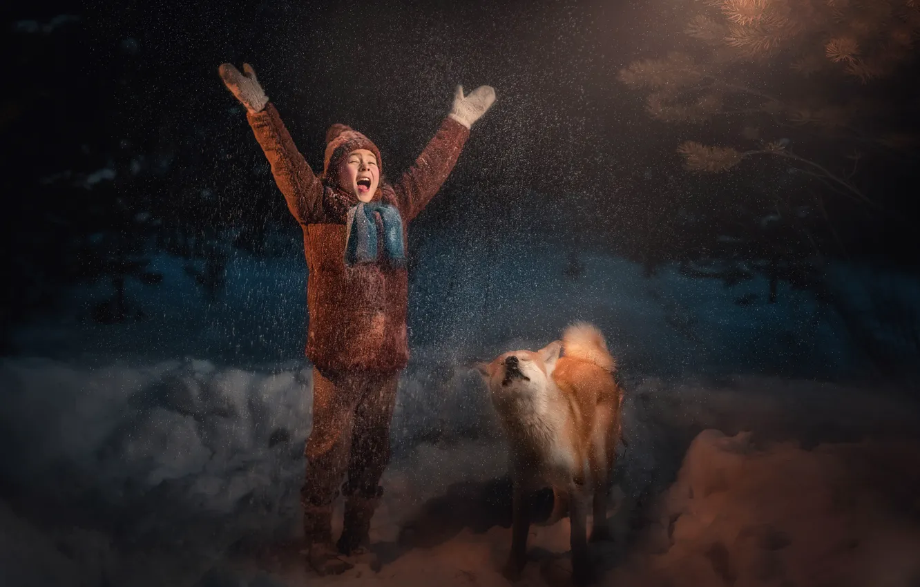 Фото обои зима, снег, радость, собака, вечер, девочка, ребёнок, пёс, Пипкина Оксана