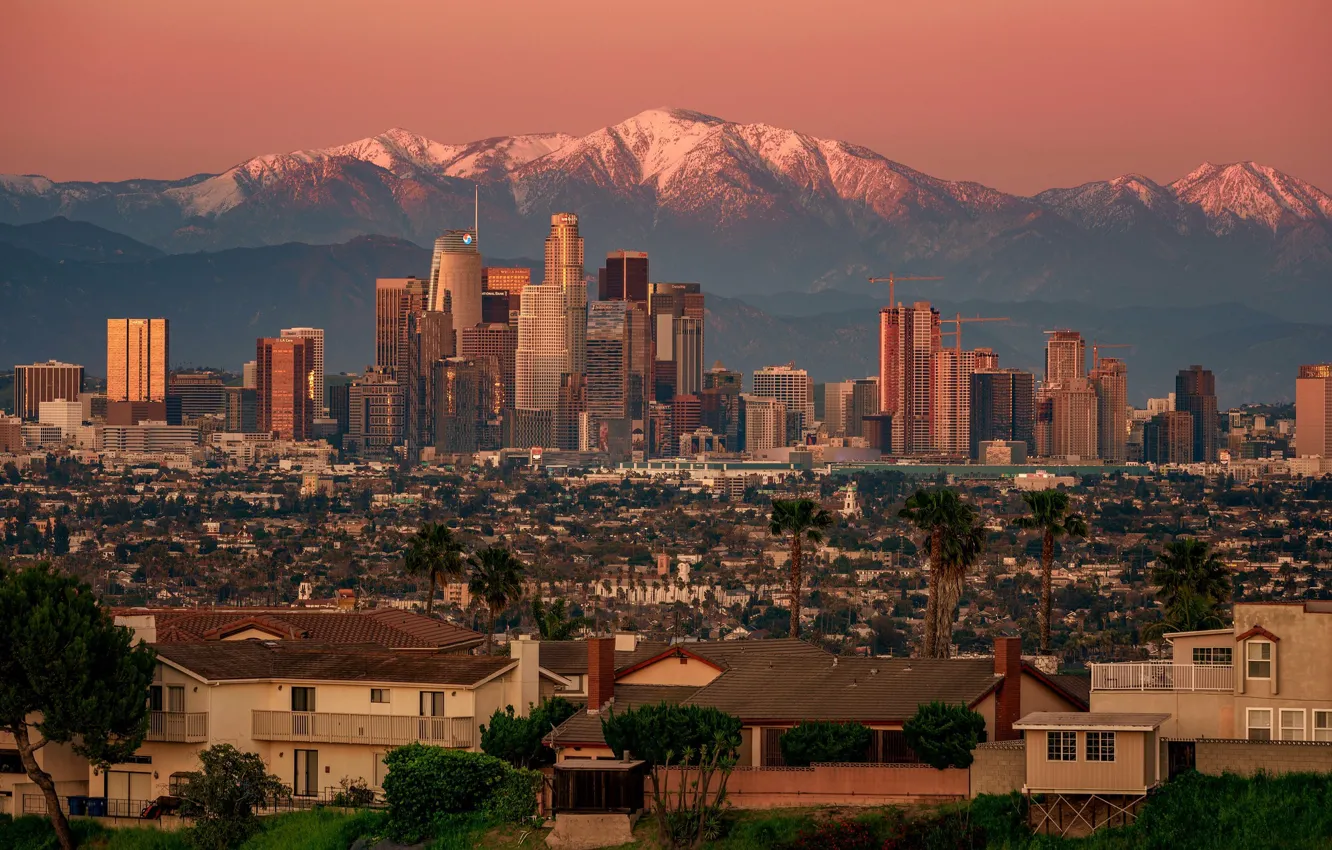 Фото обои закат, горы, дома, панорама, США, Лос-Анджелес