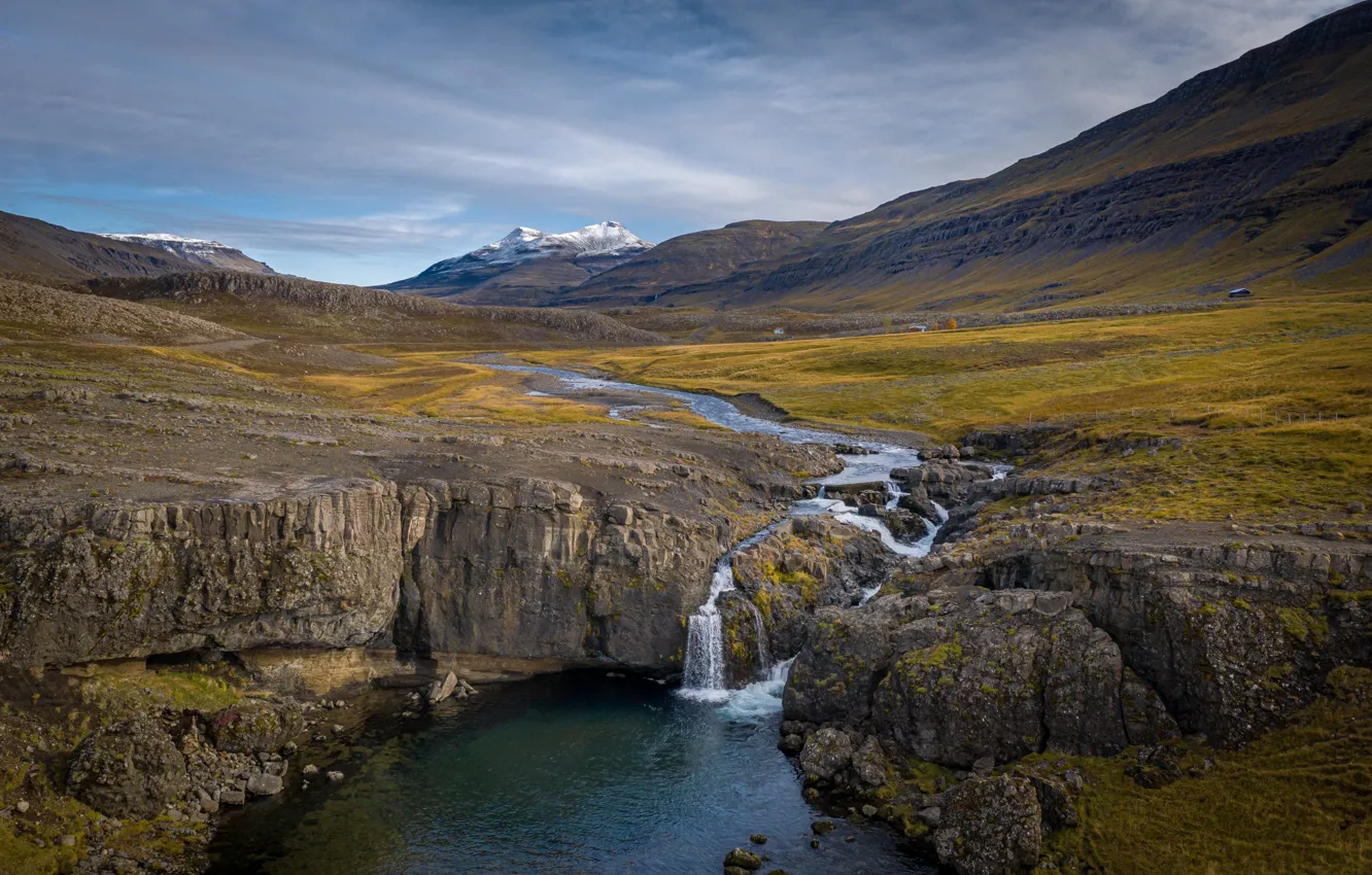 Фото обои водопад, речка, Исландия, Skorhagafoss