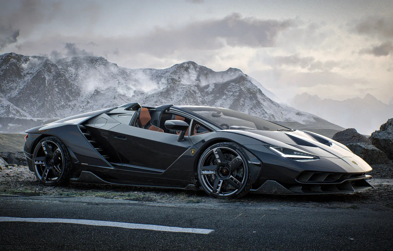 Фото обои Lamborghini, supercar, road, mountains, digital art, asphalt, Lamborghini Centenario, David Baylis