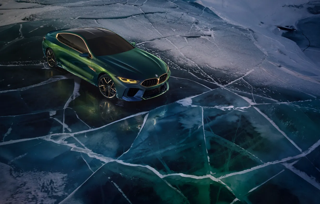 Фото обои снег, купе, лёд, BMW, 2018, M8 Gran Coupe Concept