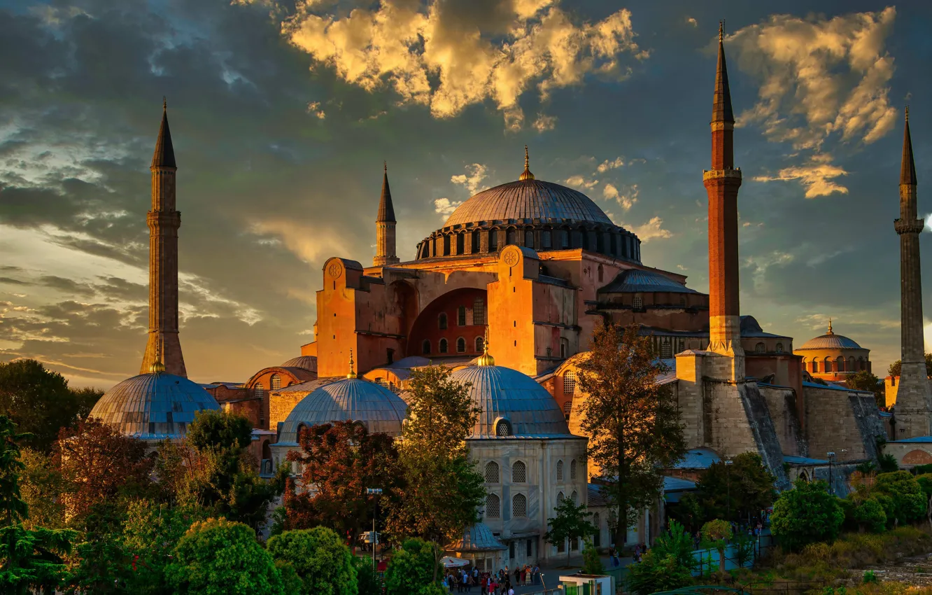 Фото обои закат, город, вечер, Стамбул, Турция, Собор Святой Софии, Айя-София, Большая мечеть
