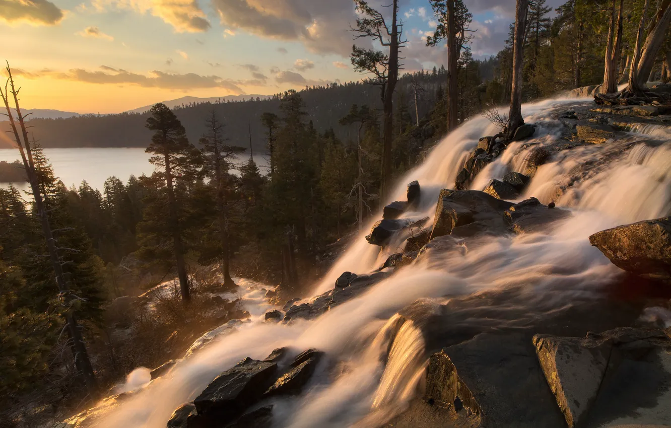 Фото обои пейзаж, закат, природа, озеро, камни, водопад, поток, Калифорния, США, леса, Тахо, Eagle Falls, Сергей Луканкин
