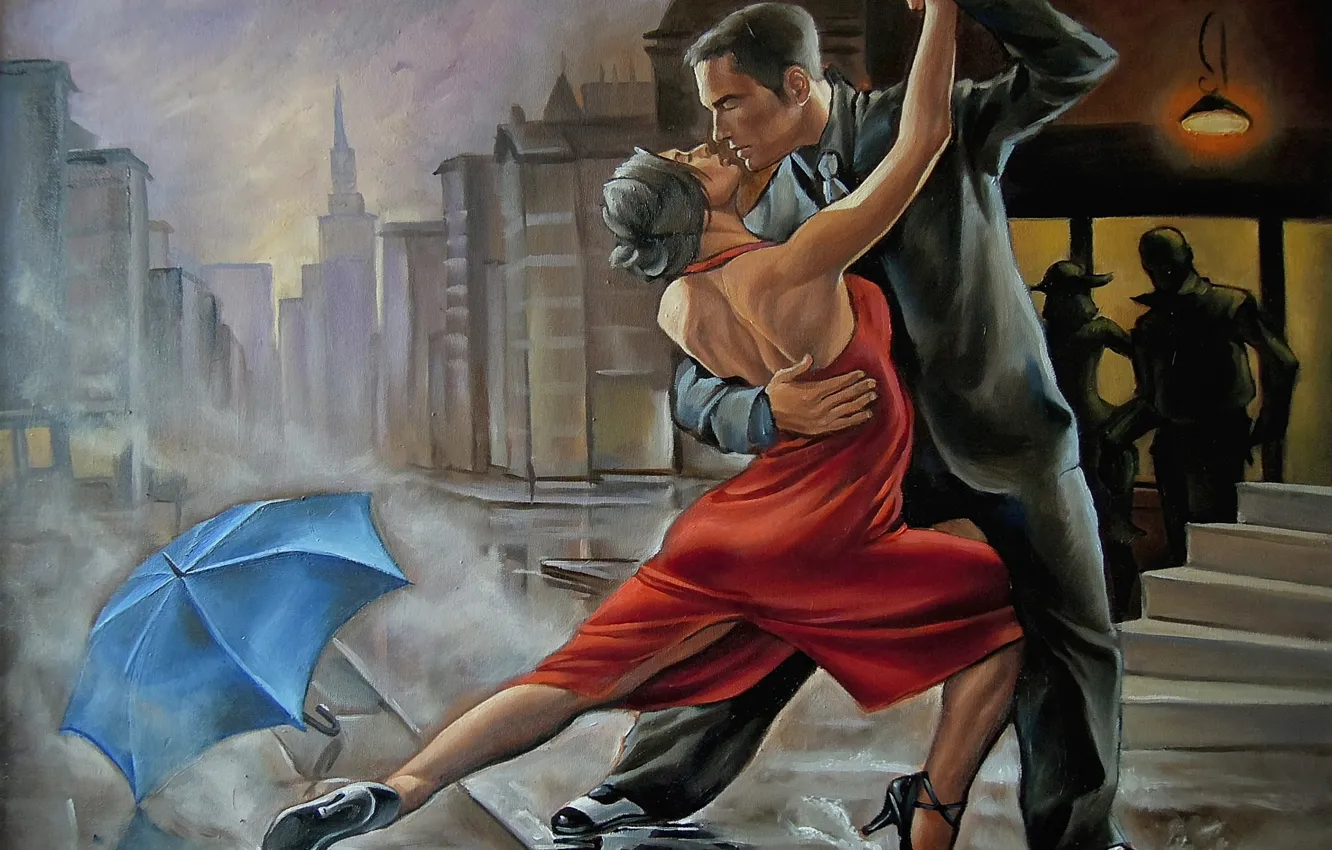 Фото обои город, люди, танец, зонт, пара, двое