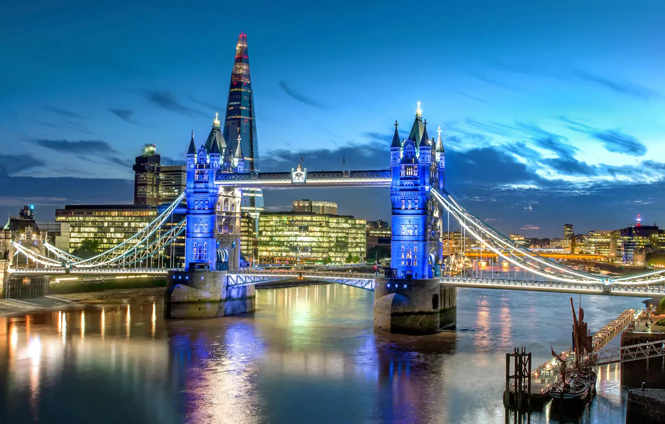 Фото обои мост, город, река, Англия, Лондон, здания, вечер, освещение, Темза, Тауэрский мост