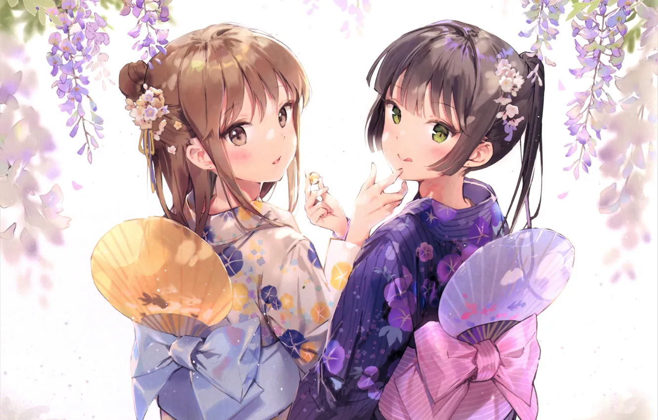 Фото обои веер, кимоно, подруги, цветок в волосах, чёлка, kimono, глициния, вполоборота, две девочки, by Anmi