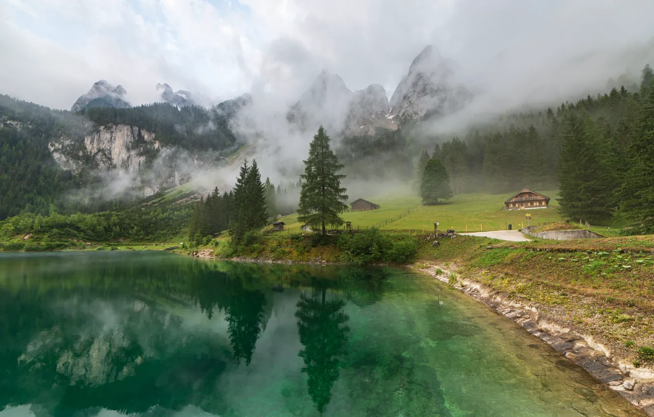 Фото обои облака, пейзаж, горы, природа, туман, озеро, Австрия, леса, Gosausee