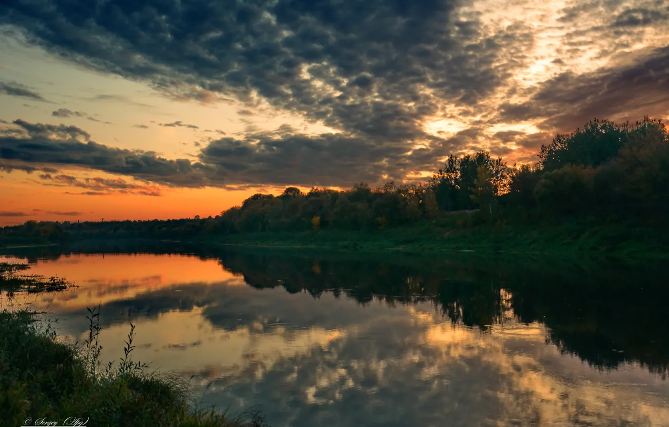 Фото обои осень, облака, закат, река