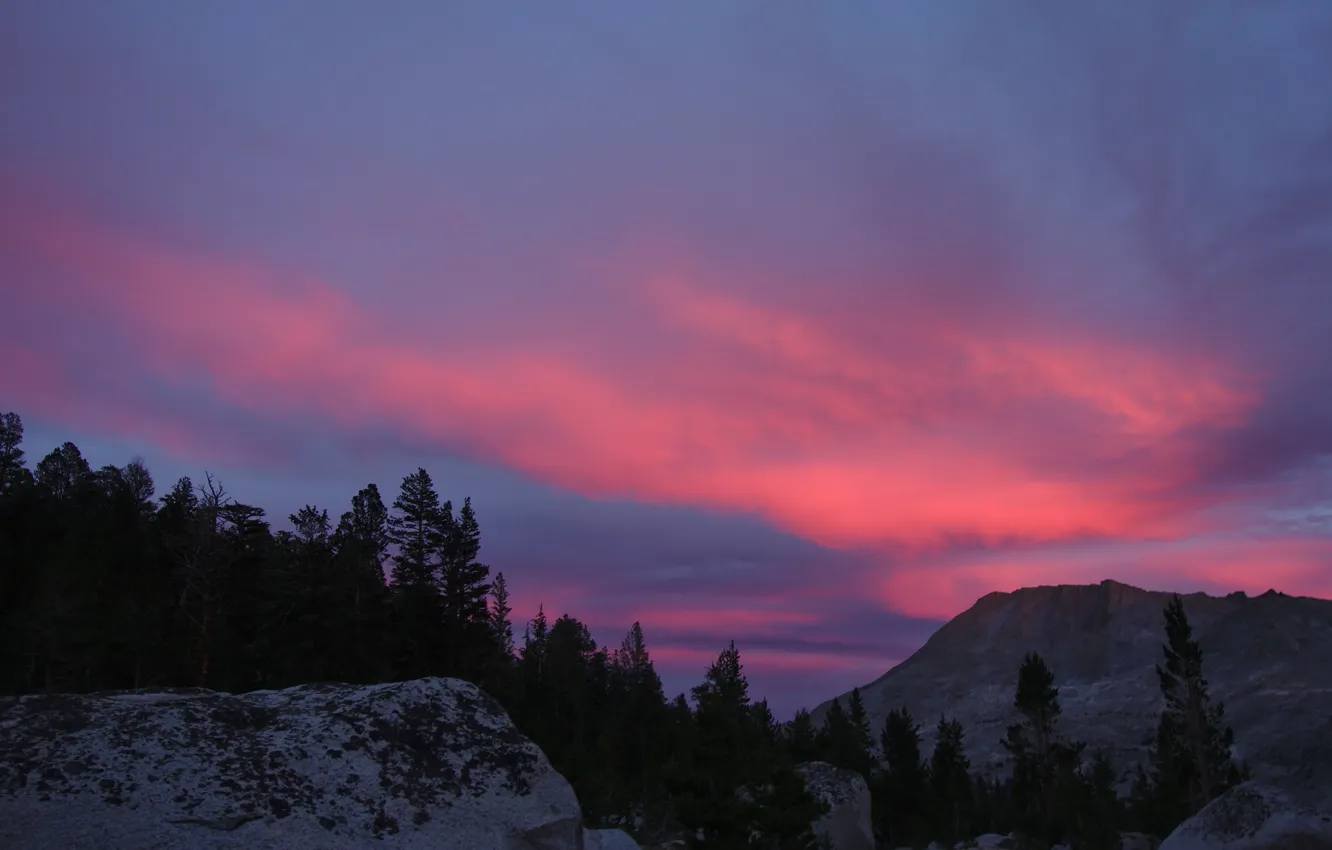 Фото обои небо, облака, деревья, закат, горы, природа, камни, скалы, вечер, USA, США, Sequoia National Park, Национальный …
