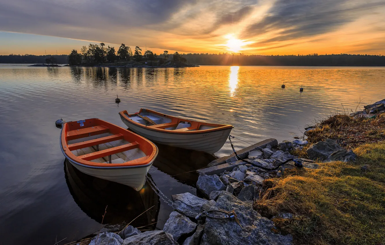 Фото обои закат, озеро, лодки, Швеция