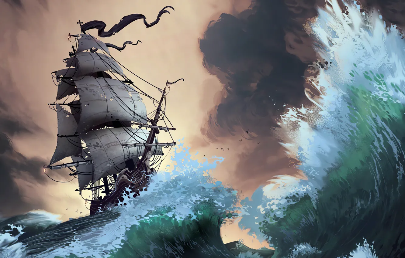 Фото обои waves, fantasy, storm, pirate ship, artist, ship, digital art, artwork, fantasy art, sails, sailing ship, …