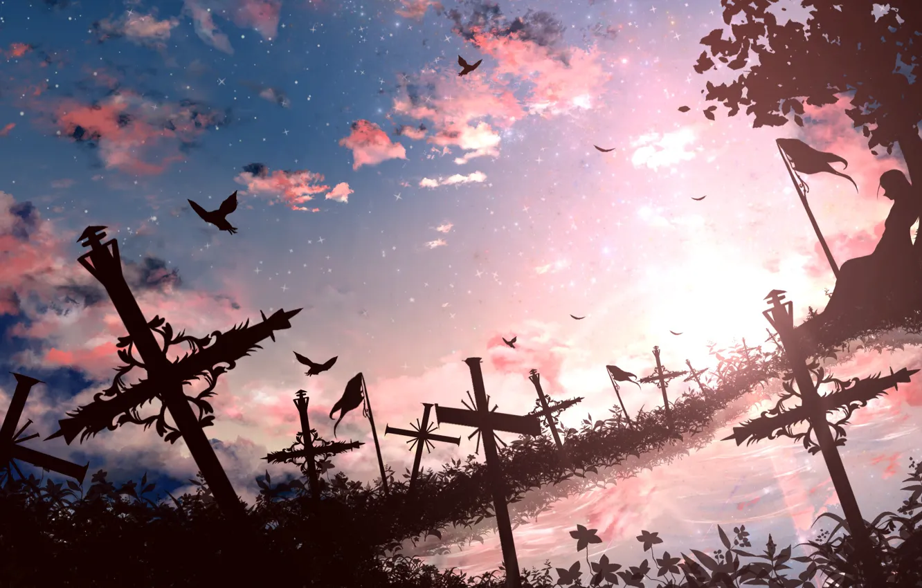 Фото обои небо, пейзаж, закат, птицы, природа, кресты, ツチヤ