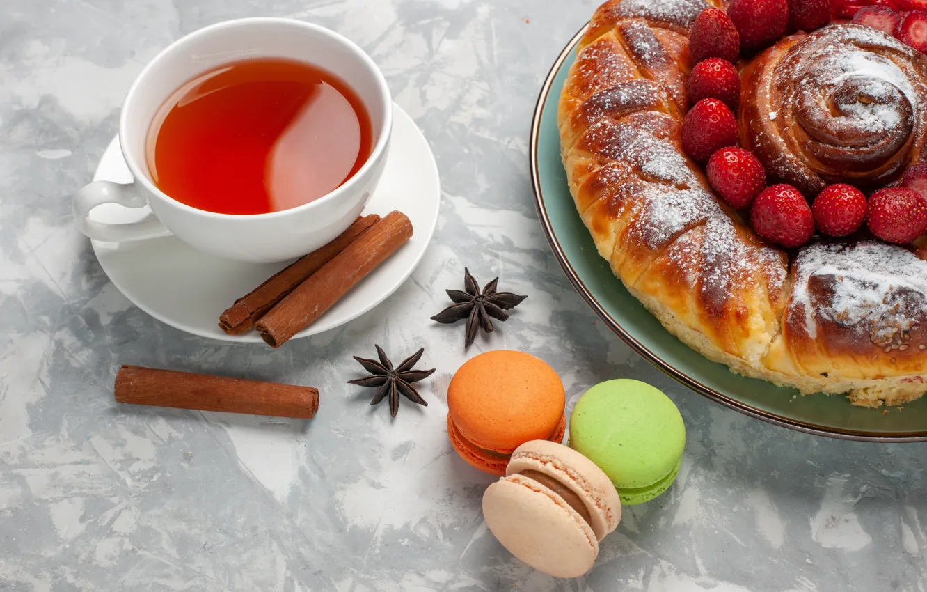 Фото обои ягоды, чай, пирог, кружка, чашка, корица, выпечка, булка, бадьян, макарон