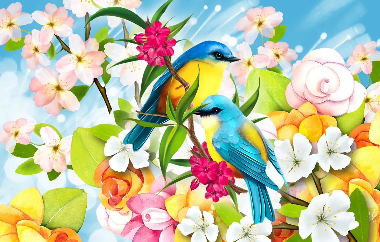 Фото обои цветы, рисунок, птички