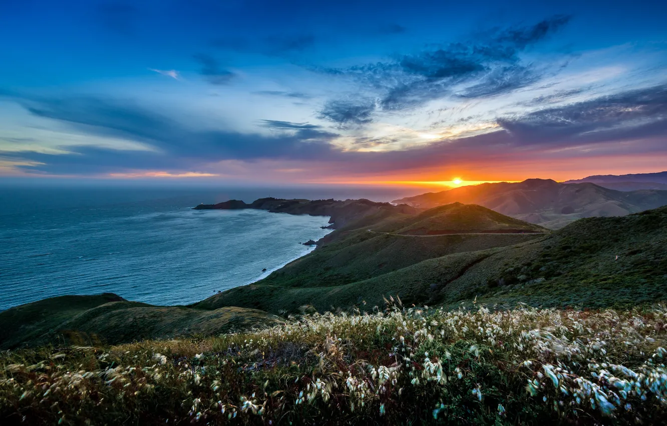 Фото обои пейзаж, закат, горы, природа, океан, холмы, США, полуостров, Marin Headlands