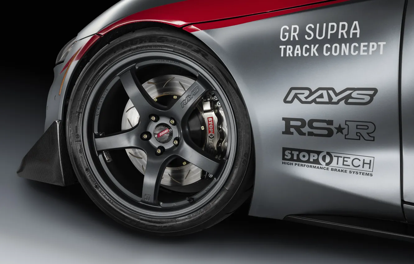 Фото обои серый, фон, купе, колесо, диск, Toyota, 2020, GR Supra Track Concept