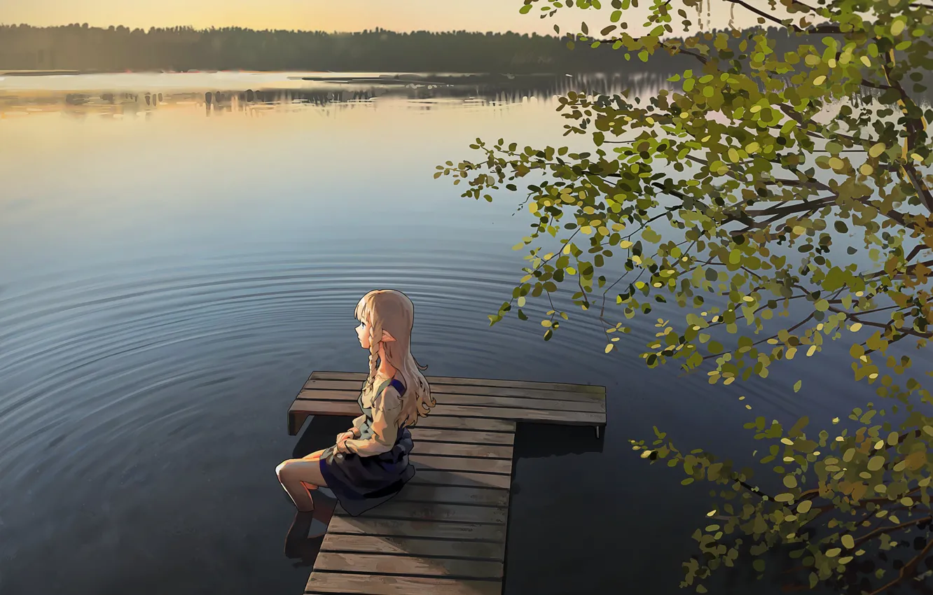 Фото обои девушка, природа, озеро, фэнтези, эльфийка