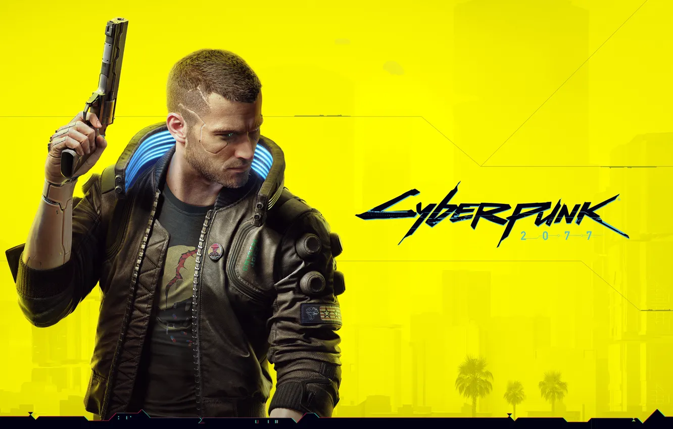 Фото обои желтый, стиль, пистолет, оружие, стрижка, куртка, киберпанк, персонаж, Cyberpunk 2077