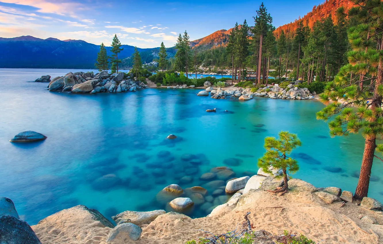 Фото обои USA, sky, trees, landscape, nature, mountains, clouds, lake, rocks, sand, sunrise, Nevada, stones, Lake Tahoe, …