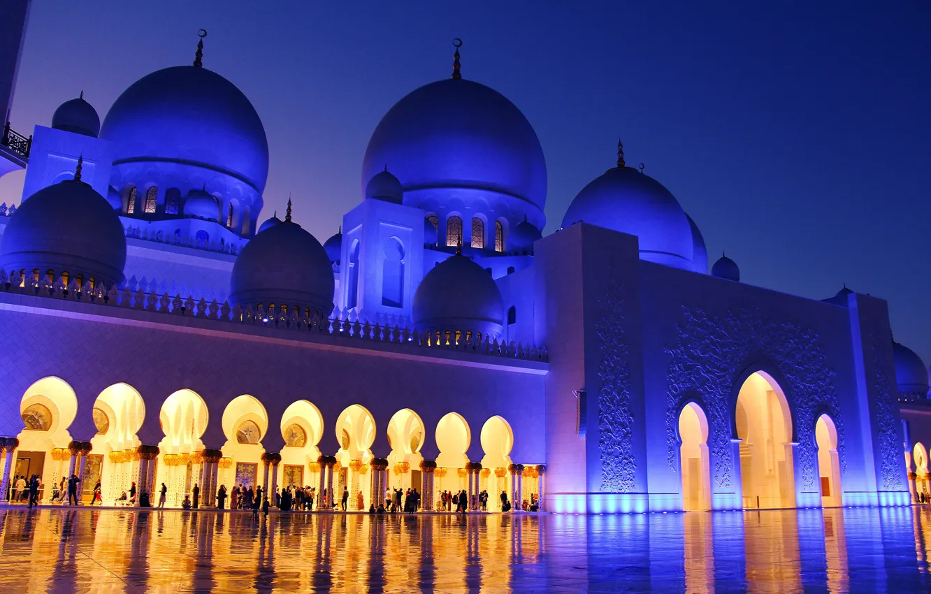 Фото обои город, вечер, мечеть, архитектура, религия, ОАЭ, купола, Мечеть шейха Зайда, Абу-Даби, минарет, ислам, Эмираты