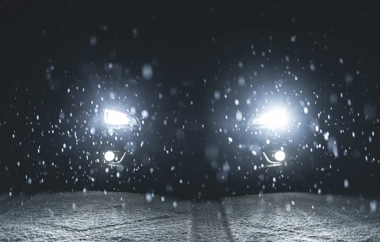 Фото обои Subaru, Impreza, WRX, Light, Winter, STI, Front, Sight, Snowflakes