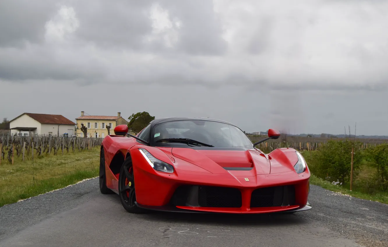 Фото обои Ferrari, Red, Clouds, Road, LaFerrari