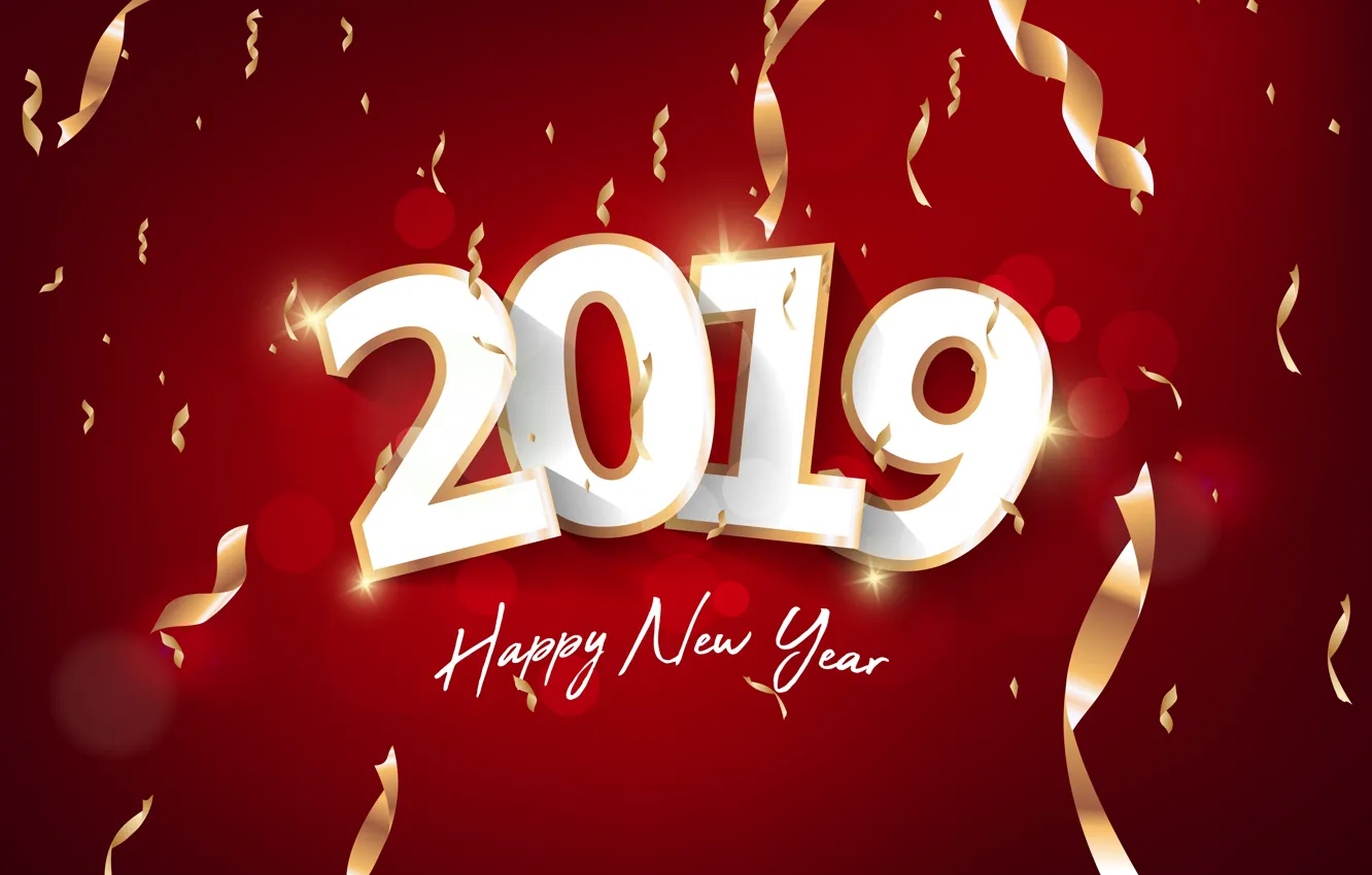Фото обои золото, Новый Год, цифры, golden, красный фон, background, New Year, Happy, sparkle, 2019