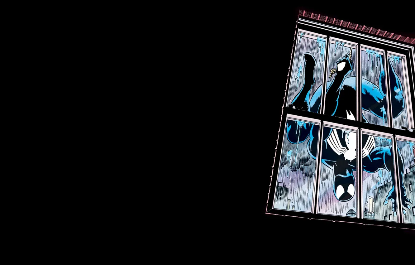 Фото обои rain, comics, window, venom, spider man, black suit