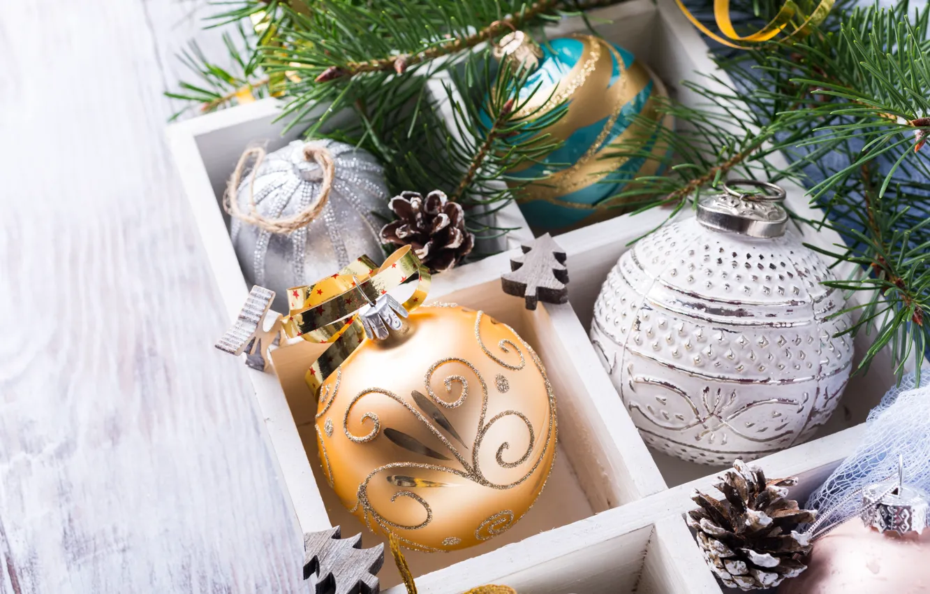 Фото обои украшения, шары, Новый Год, Рождество, christmas, balls, merry, decoration, fir tree, ветки ели